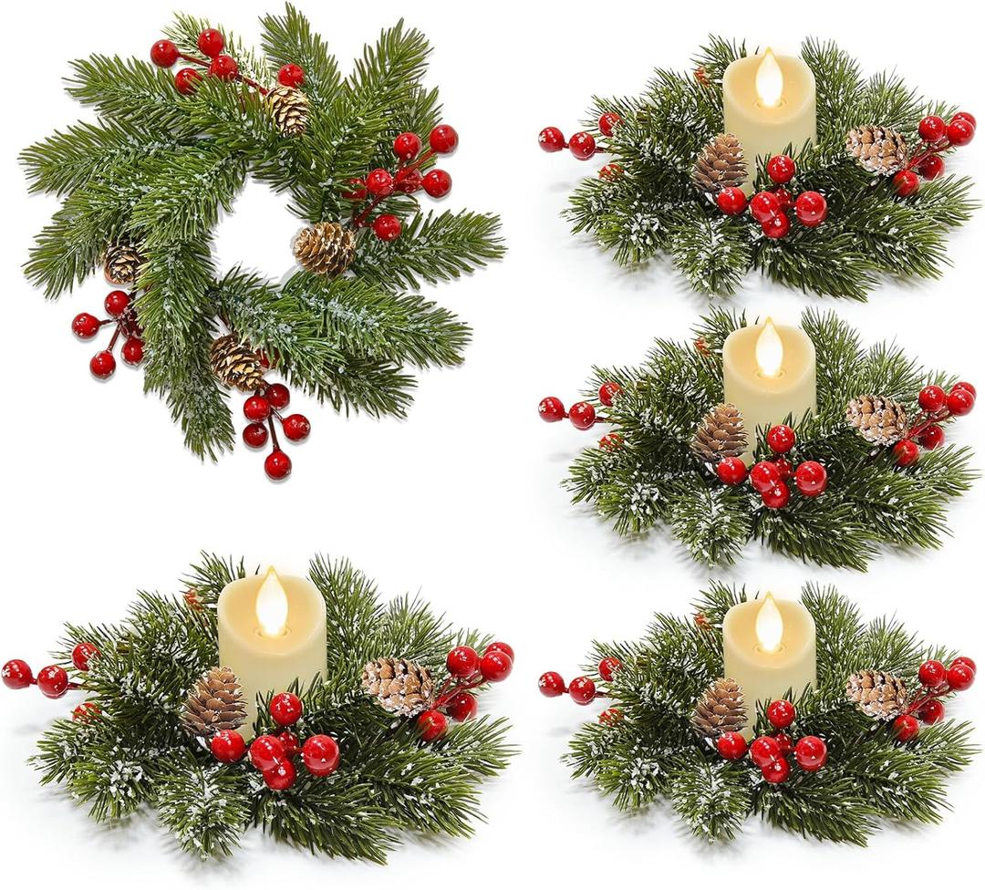 4 Pcs 9" Christmas Candle Rings Wreath Flocked Pine Red Berry Pinecones Small Wreaths Artificial Berries Snowy Pine Candle Ring Holder for Kitchen Cabinets Christmas Wedding Home Table Centerpiece