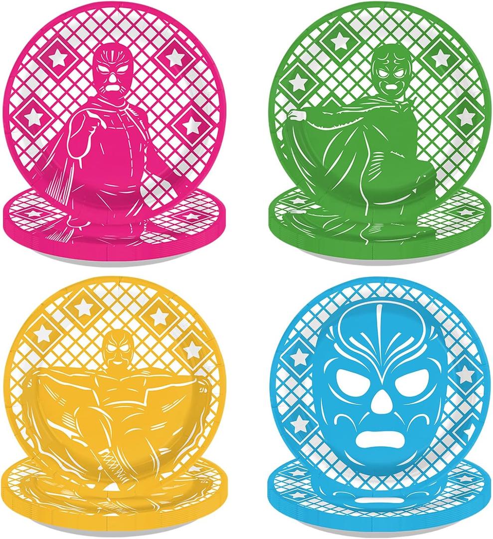 60Pcs Lucha Libre Birthday Decorations Paper Plates 7" Mexican Party Decorations Dessert Cake Paper Plates Disposable Nacho Themed Platters for Mexican Birthday Fiesta Party Supplies
