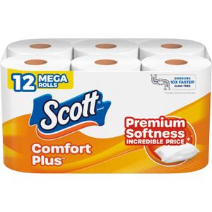 Scott ComfortPlus Toilet Paper, 12 Mega Rolls, 310 Sheets per Roll, Septic-Safe, 1-Ply Toilet Tissue
