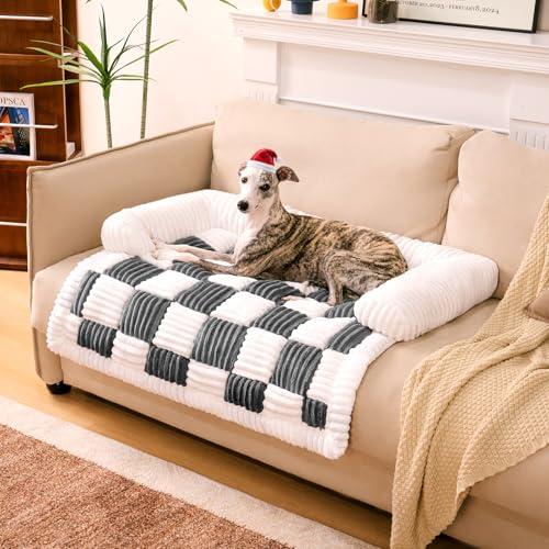 FUNNY FUZZY Pet Couch Covers for Sofa, Large Dog Couch Cover Bed Cream Square Plaid Washable Pet Mat for Furniture Protector Sofa Cover for Dogs, Large, Black