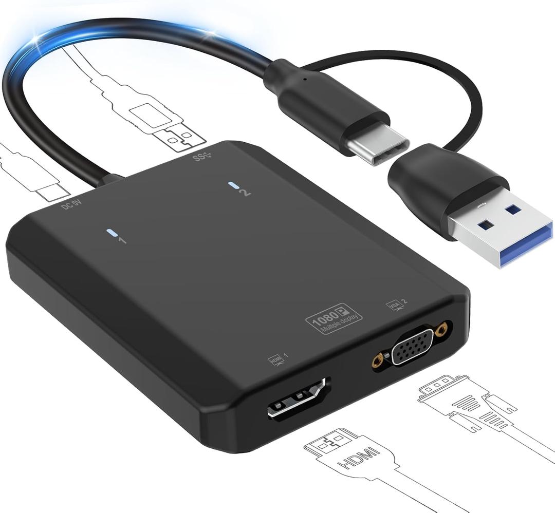 2 x Herfair Splitter for Dual Monitors Extended Display 1 in 2 Out USB to HDMI VGA External Graphics Card Support Windows MacOS System Simultaneously Output 2 Screens, Driver Install Needed