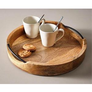 ARTISENIA Round Wooden Serving Tray with Iron Handles | Decorative Kitchen & Dining Table Decorative Ottoman Tray for Living Room, Coffee Table, Breakfast in Bed  10x10 Inches