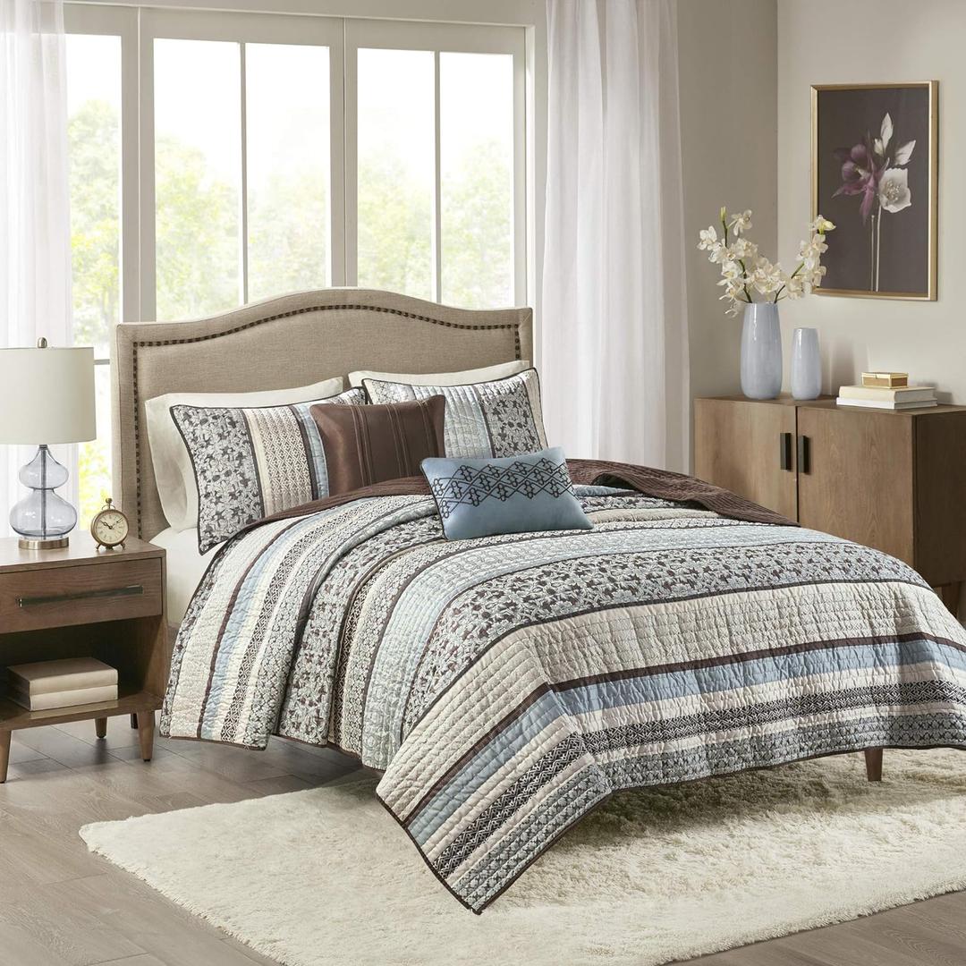 Madison Park Quilt Set Luxurious Jacquard Stripes Design - All Season, Coverlet Bedspread Lightweight Bedding Layer, Shams, Decorative Pillow, Full/Queen(90"x90"), Floral Blue 5 Piece