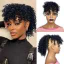 Curly Ponytail with Bangs Drawstring 12inch Short Kinky Curl Hair Ponytail with Bangs Afro Puff Clip in Hair Piece for Black Women