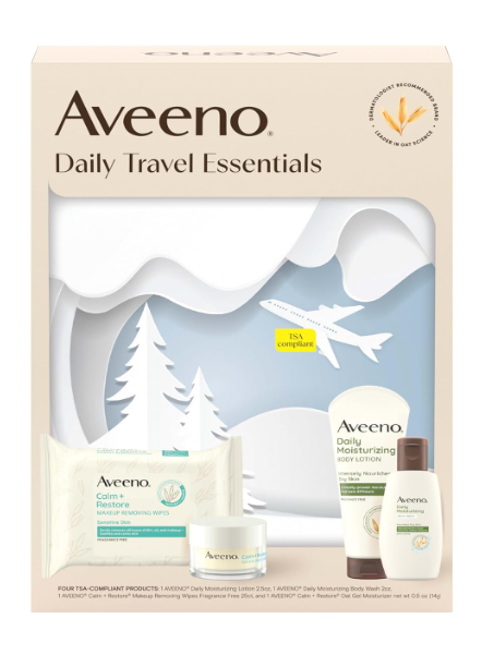 Aveeno Daily Travel Essentials Gift Set with Daily Moisturizing Lotion, Daily Moisturizing Body Wash, Calm + Restore Makeup Removing Wipes, & Calm + Restore Oat Gel Moisturizer, 4 items