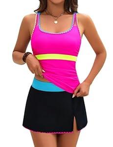 BMJL Women's Tankini Swimsuits Tummy Control Two Piece Bathing Suit Modest Swim Skirt Color Block Swim Suits 2025 (XLarge, Hot Pink)