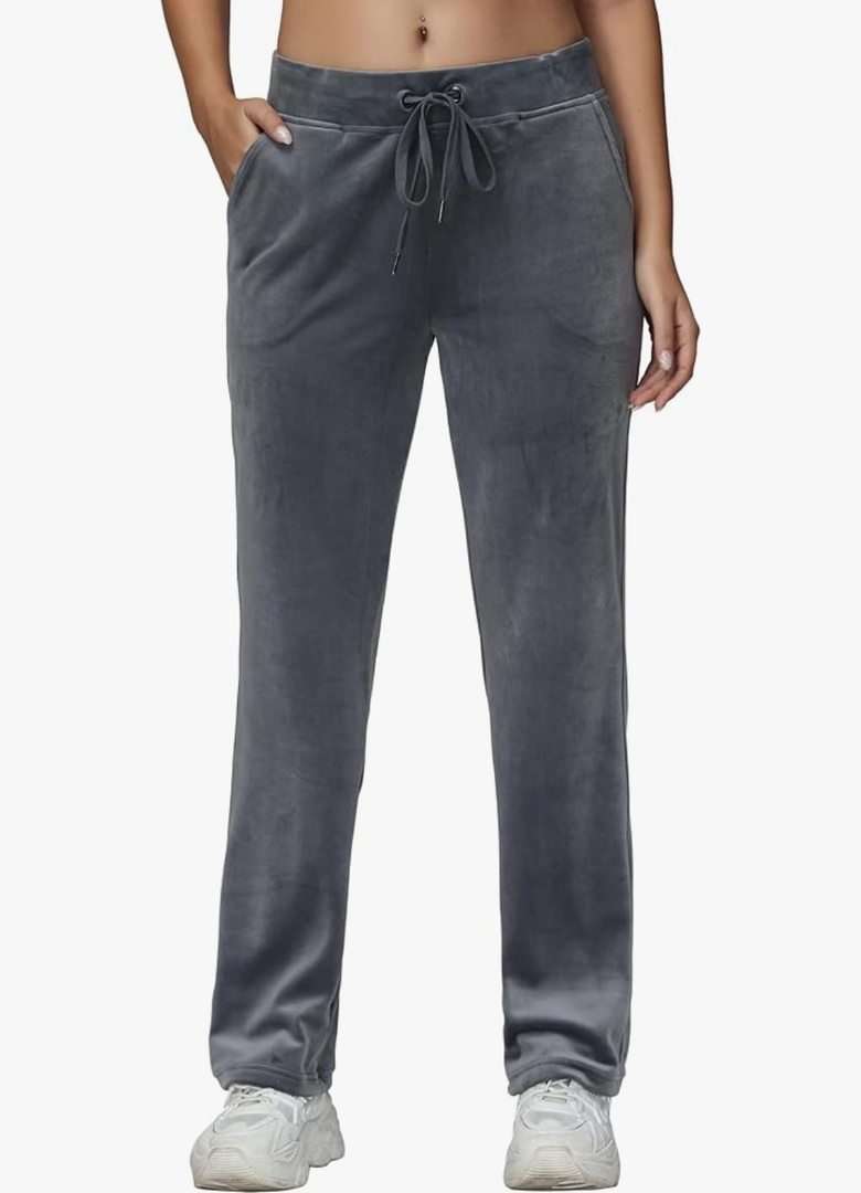 COZZIPLUS Women Velour Pant,Soft Velvet Sweatpant for Women, Straight Leg High Waist Velour Lounge Pant with Pockets, Size Medium Color Grey