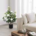 Hananona 2 Pcs Artificial Camellia Trees Faux Camellia Plant in Pot with Flowers Indoor Plants for Spring Home Decor Outdoor Porch Front Door Decor (White, M)