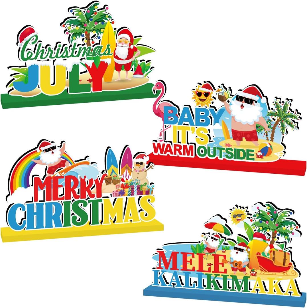 4pcs Summer Christmas Decorations Wood Table Centerpieces Baby It's Warm Outside Merry Christmas Party Table Decorations Mele Kalikimaka Santa Claus Style Tabletopper