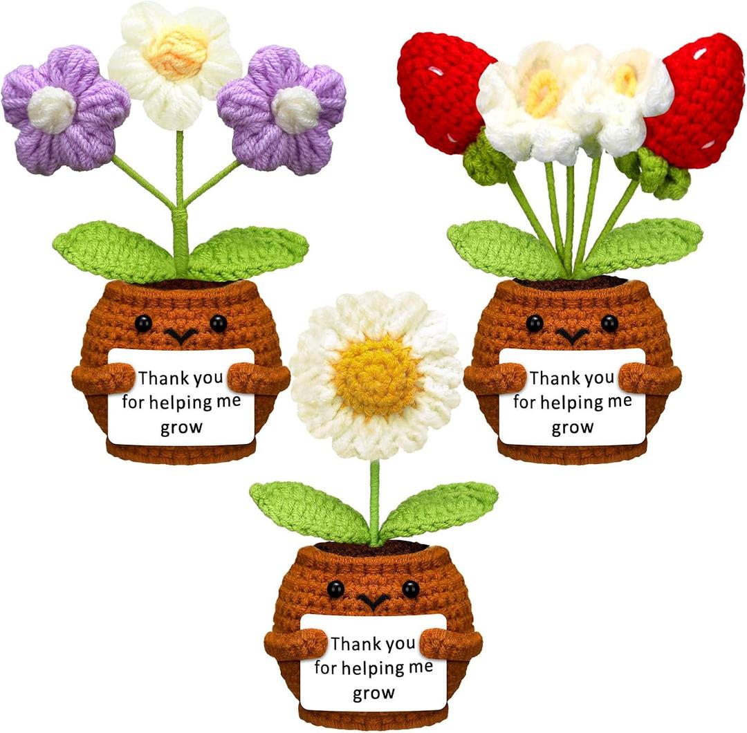 Wavwavw 3 Pack Teacher Appreciation Gift Positive Flower Handmade Crochet Doll Thank You for Helping Me Grow Gifts Back to School Gifts for Women Teacher(Strawberry, Puff and Sunflower)