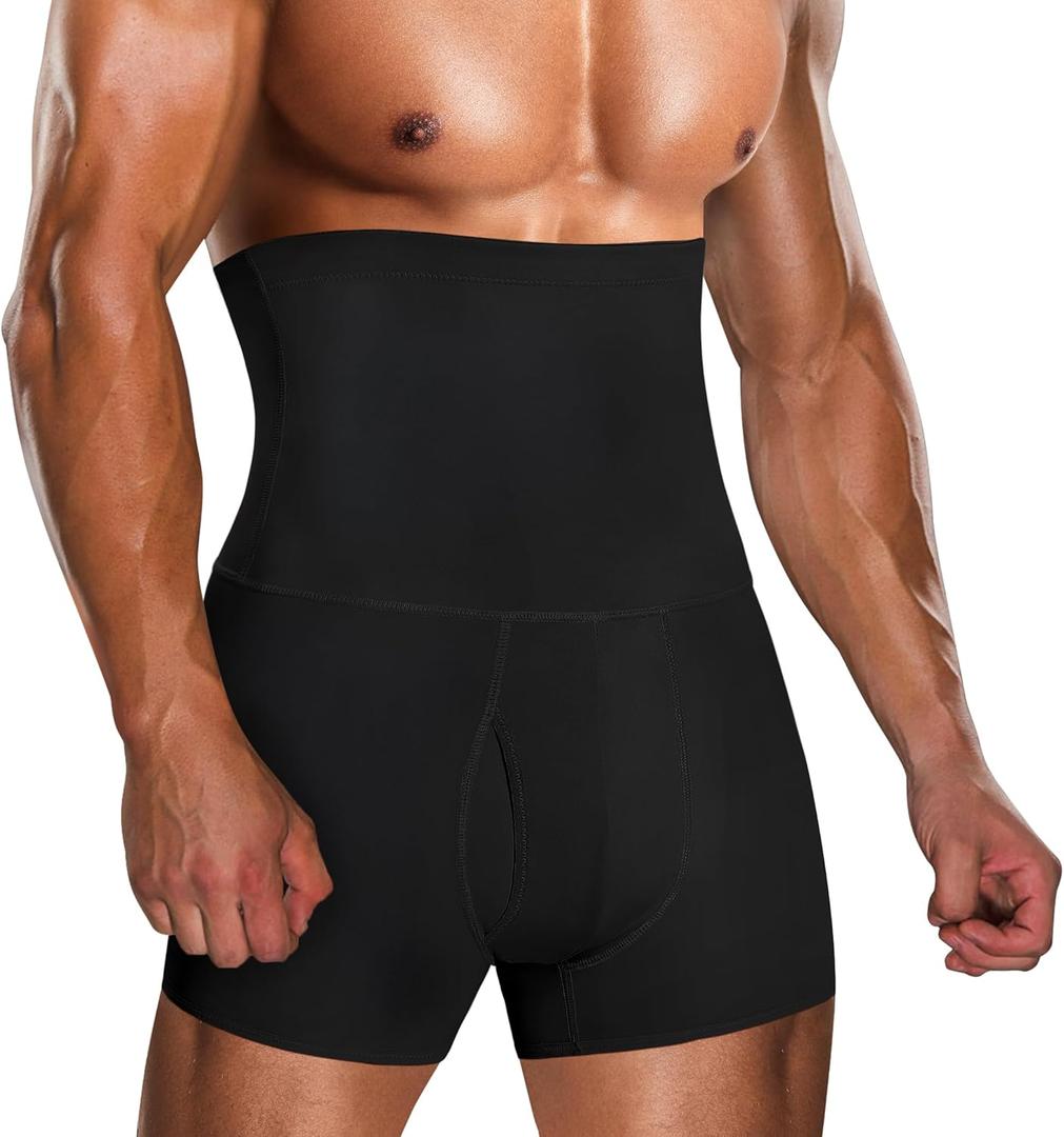 TAILONG Men Tummy Control Shorts High Waist Slimming Underwear Body Shaper Seamless Belly Girdle Boxer Briefs (Small, Black With Fly)