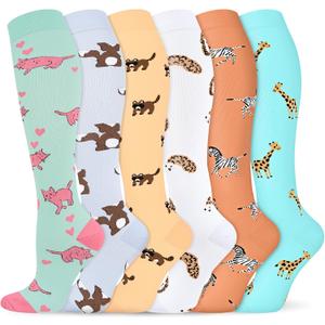 Graduated Compression Socks for Women&Men 20-30mmhg Knee High Socks Travel Hiking Running Stocking (Large-X-Large, 12-6 Pairs Animal Series04)