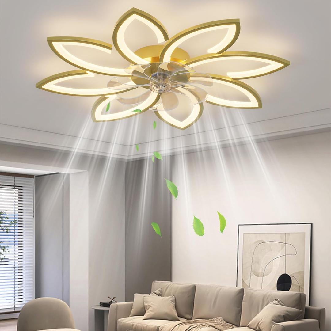 35" Ceiling Fans with Lights, Modern Ceiling Fans with Lights and Remote, Dimmable Bladeless Ceiling Fans with Light, Gold Ceiling Fan with light 6 Speed Reversible Timing for Bedroom
