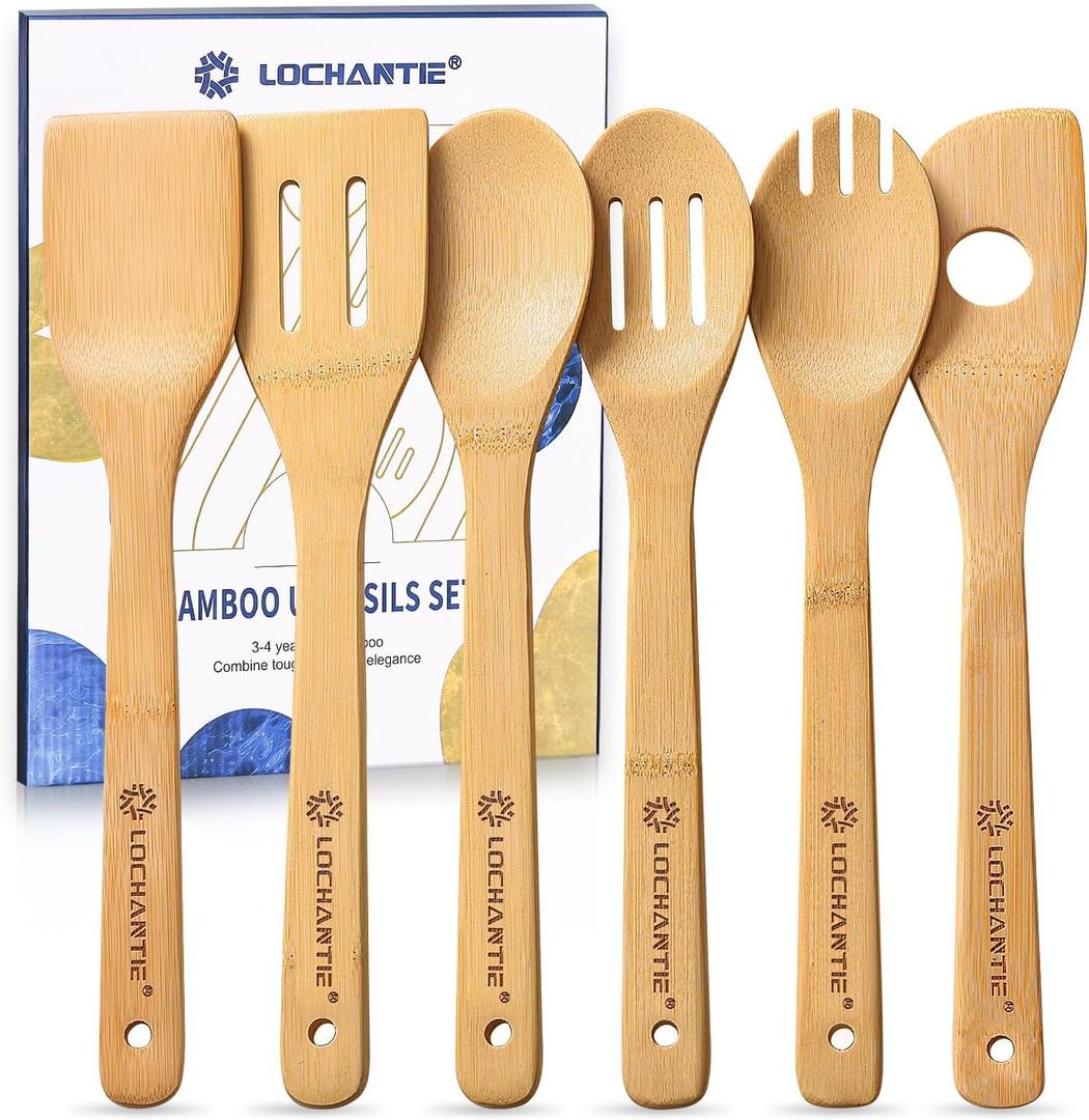 Wooden Spoons for Cooking Bamboo Utensils Set (6 Pieces) - Essential Tools Wooden Spoons & Spatula for Everyday Stirring, Mixing, Flipping & Serving, Gentle on Nonstick Cookware (Beige)