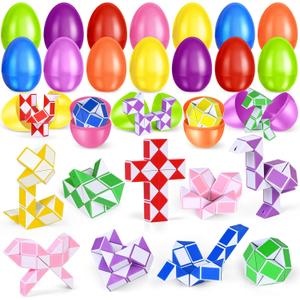 24 Pack Prefilled Easter Eggs with Snake Twist Toys, Blocks Fidget Toys for Easter Hunt, Basket Stuffers Filler, Party Favors, Classroom Prize, Surprise Egg