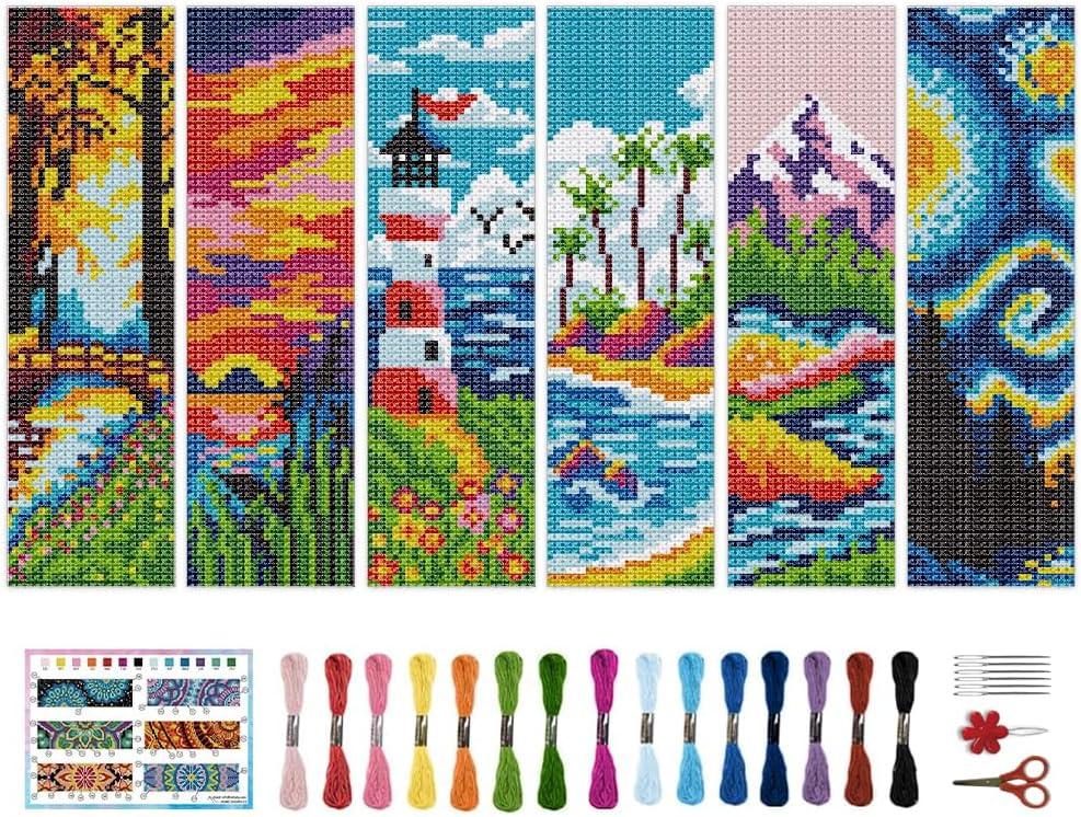 BEUNITONE Cross Stitch Kit Bookmark Scenery Landscape Cross Stitch Kits Bookmark Crossstitch Kits 8''x2.4'' Stamped Embroidery Bookmarks for Adults Beginners 6Pcs