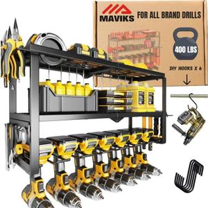3 Shelf 7 Drill Holder Power Tool Organizer Wall Mount, Tool Storage Rack for Garage, Pegboard, Workshop walls | Compatible for all type of Cordless Power tools Comes With J hooks for Cords (Without Charging Station)
