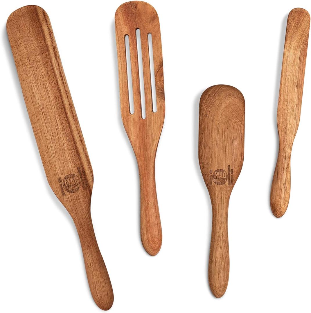 As Seen on TV, Mad Hungry Spurtle 4pc Set, Acacia Premium Wood Finish, Cooking Utensils For Non Stick Cookware, Baking, Whisking, Smashing, Scooping, Spreading, Serving and More.