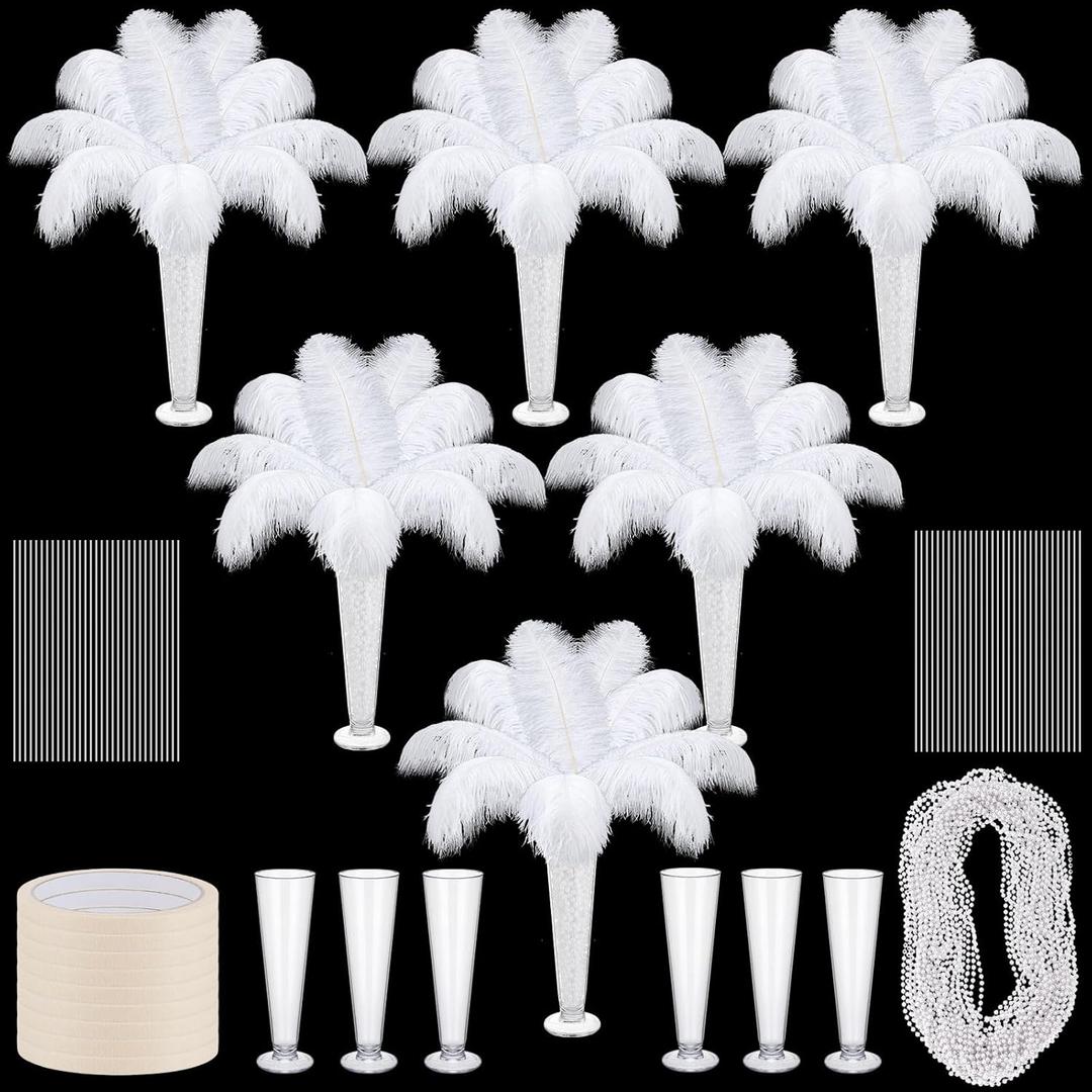 Yuxung 6 Sets Wedding Table Centerpiece Accessories Including 159 Pieces Natural Ostrich Feather Bulk Plastic Vases and Beads Necklaces for Wedding Home Party Centerpiece Supplies(White)