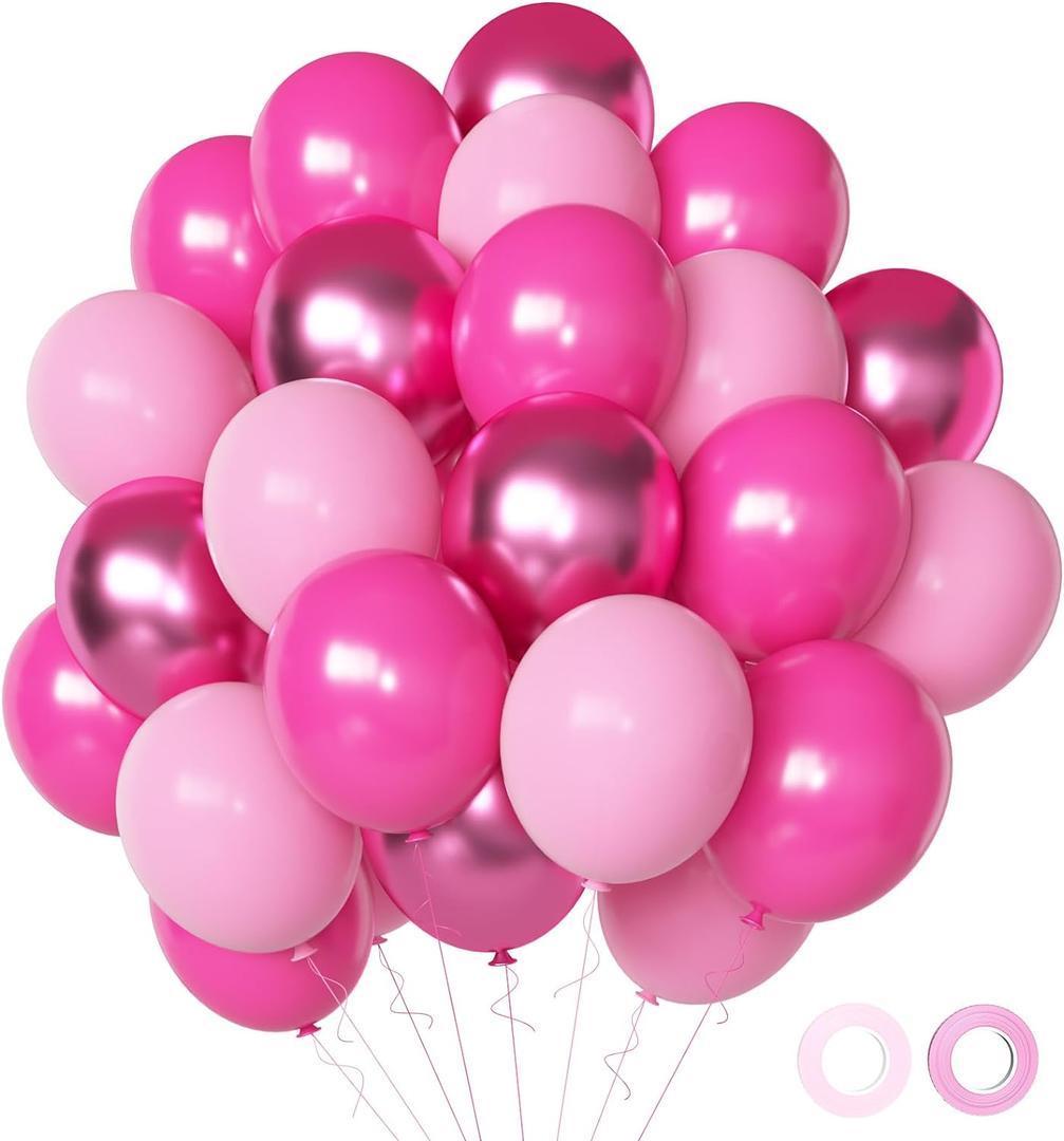 Pink Balloons Metallic Pink Balloon, 50Pcs 12Inch Hot Pink Chrome Pink Latex Balloons Baby Pink Balloon and Dark Magenta Pink Balloons for Birthday Baby Shower Princess Party Decorations