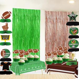 Football Birthday Party Decorations, with Tinsel Backdrop Curtains & Disposable Tablecloths & Cupcake Toppers,Party Supplies for Birthday /Gameday/ Baby Shower / Tailgate / School Sports Party