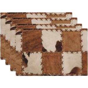 Cowhide Placemats Set of 4 Patchwork Cow Fur Print Linen Washable Placemat Kitchen Dining Heat-Resistant Farm Animal Place Mats Desktop Decor Western Cowboy Table Mats 12x18 Inch (Brown)