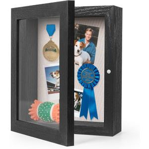 HOUSE DAY Shadow Box Frame 8x10, Front Open Magnetic Shadow Boxes Display Cases with Linen Back, Pins, for Photos or 3D Itmes Under 6x8, Tabletop or Wall Mount Display Case for Memorabilia, Black