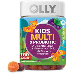 OLLY Kids Multivitamin & Probiotic Gummy, Digestive Support, Vitamins A, D, C, E, B, Zinc, Chewable Supplement, Berry Flavor, 50 day supply - 100 Count (BBD: 23, April 2026