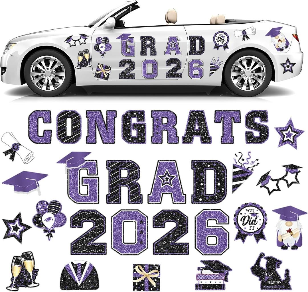Landhoow 30 Pcs Graduation Car Magnets 2026 Senior Graduation Car Decoration Bumper Sticker Congrats Grad Magnet Magnetic Refrigerator Decal for Grad Parade Party Supplies (Purple, Black)