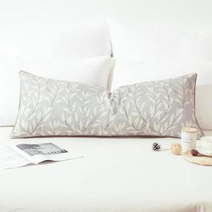 VOGOL Grey Leaves Rectangle Lumbar Throw Pillow Cover, Farmhouse Linen Textured Long Cushion Cover for Bed, Printing Accent Pillowcase for Couch Home Decor, 14 x 36