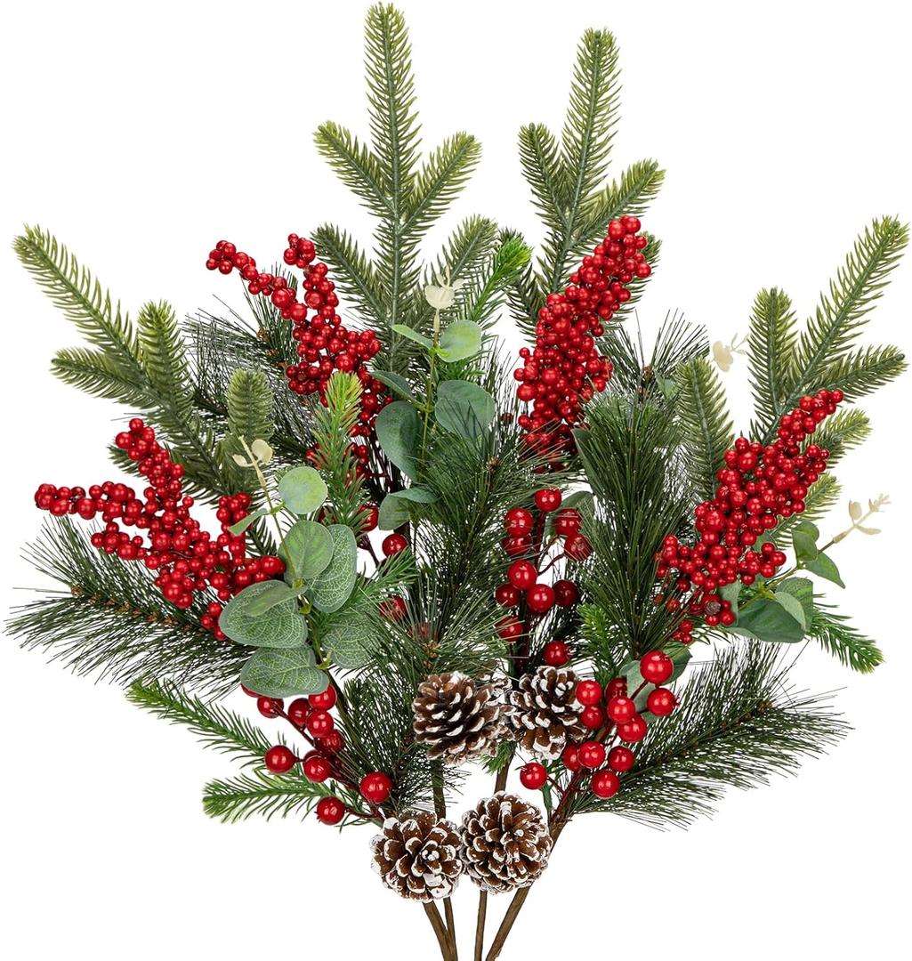 4 Pcs Christmas Artificial Pine Branches 28.3 inch Norfolk Pine Stems Christmas Greenery Picks with Red Berries Pines Needles Picks Spray Xmas Tree Branches for Xmas Vase DIY Craft Holiday Decor
