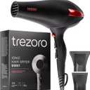 TREZORO Professional Hair Dryer, Ionic Ceramic Tourmaline Technology, 2000W Fast Quiet Drying, with Narrow & Wide Concentrator Nozzles, 3 Heat & 2 Speed Settings, Cool Shot Button, Black