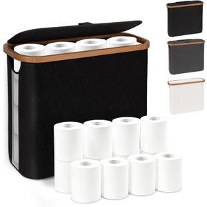Toilet Paper Storage with Lid and Handle, 12 Roll Toilet Paper Basket Bathroom Standing Organizer, Folding Storage Bag with Foot Base, Slim Holder Container for Rolling Tissue, Towel- Black