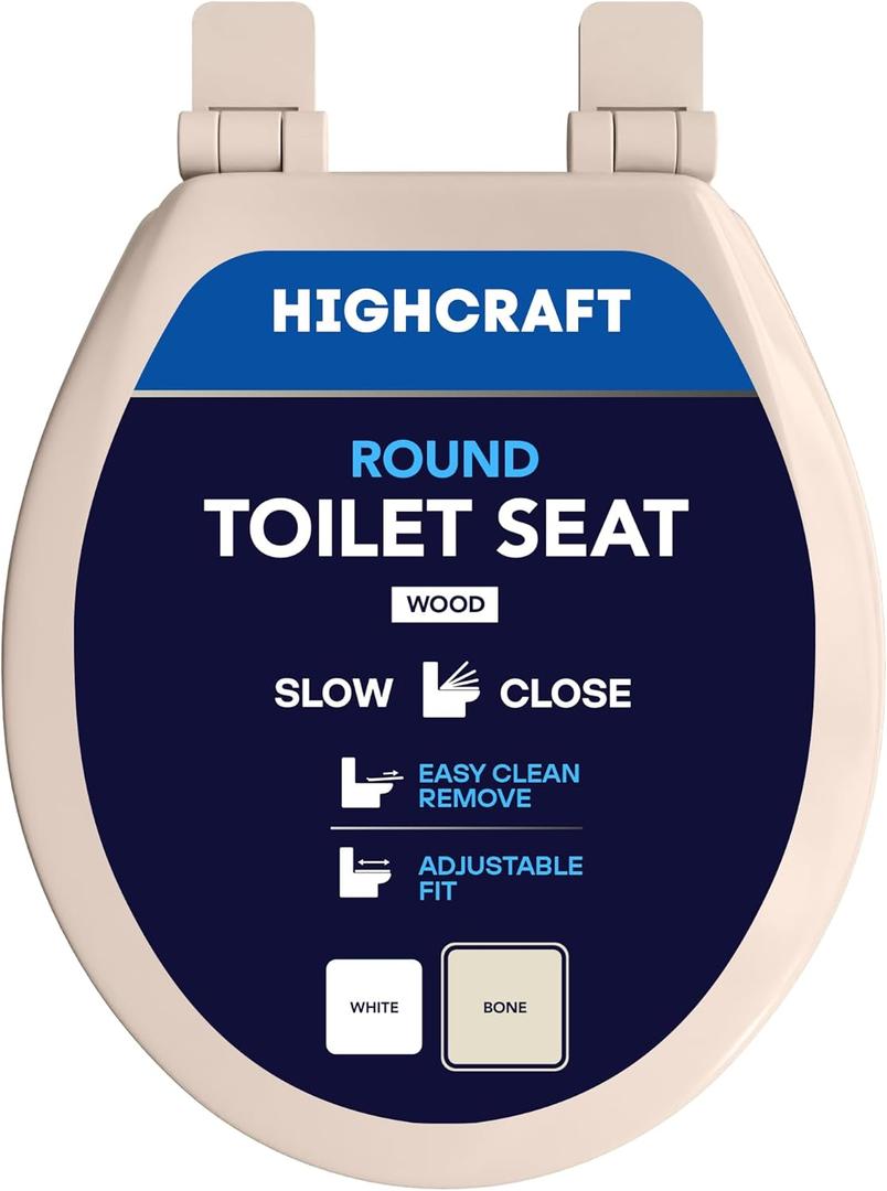 Highcraft B4TSWR Molded Wood Toilet Seat Slow Close ? Easy Remove ? Adjustable Hinge, Round, Bone