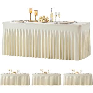 4 Pack 6ft Beige Spandex Tablecloths for Rectangle Tables Wrinkle Free Beige Rectangle Table Cloth Stretch Fitted Table Cover with Skirt for Wedding Birthday Party Banquet Baby Shower Buffet Event