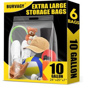 BURVAGY 6Pack Extra Large Plastic Storage Bags 10 Gallons 24"x20"x7" Zero BPA Double Zipper Seal 4 Mils Thick Double Layer Carry Handle Resealable Moving Seasonal Travel Clothes