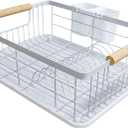 Amig - Graz Dish Rack - 42 x 31.5 x 15 cm - Steel with Wooden Handle - Colour White - Dish Rack with Drip Tray and Cutlery Holder - Capacity for 10 Plates and 6 Glasses