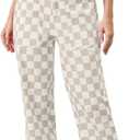 Women's Checkered Pants Zip Off Plaid Gingham Pants Casual Elastic High Waist Straight Leg Jeans with Pockets (Large, Apricot White)