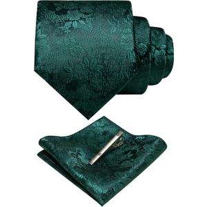 JEMYGINS Floral Necktie and Pocket Square Tie Clip Sets for Men