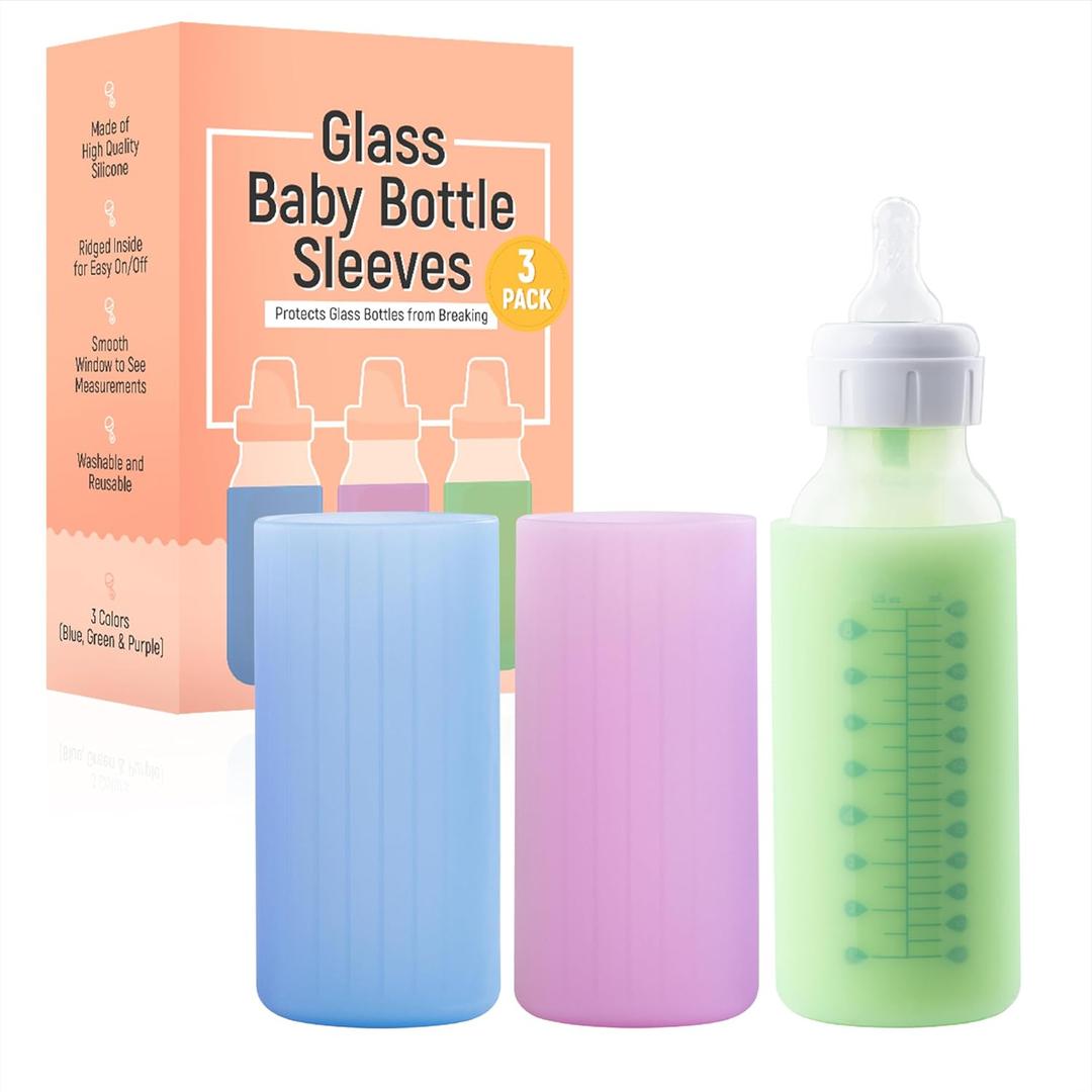 Impresa Silicone Feeding Bottle Covers for Baby - Compatible with Dr Brown Narrow Neck Glass Bottles - 3-Pack Multicolor 8 Oz - Glass Sleeves with Measurement Window & Textured Grip