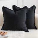 MANDIOO Set of 2 Neutral Cotton Fringe Throw Pillow Covers Decorative Boho Farmhouse Cushion Covers Cozy Tassels Pillowcase for Couch Sofa Bedroom Living Room Home Decor 18x18 Inch Black
