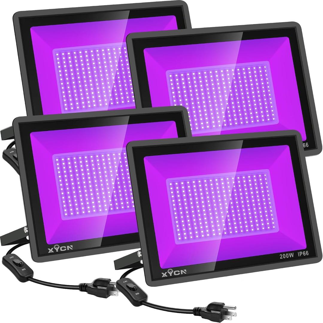 XYCN 4 Pack 200W LED Flood Black Lights,395nm to 405nm UV Outdoor Flood High Power Blacklight Light with Plug in, IP66 Waterproof Large Black Light Spotlight for Glow Party Large Space, Halloween