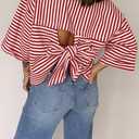 Women's Boho Blouse Red Stripe Bowknot Cutout Back Drop Shoulder Wide Bracelet Sleeve Loose Tee (XL)