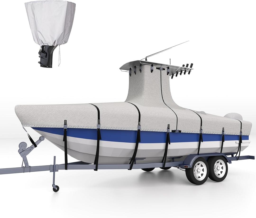 Heavy Duty Ture 900D T-Top Boat Cover 17ft - 19ft with Motor Cover, 100% Waterproof Solution-Dyed Center Console Boat with T Top Roof 17-19 Foot with Upgraded 15 Windproof Straps (17'-19' Long (Beam Width Up to 106"), Gray)