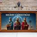 13x6ft Merry Christmas Garage Door Banner Three Kings with Gifts Nativity Star Night Sky Polyester Large Outdoor Decoration for Holiday Epiphany Church School Yard Celebration