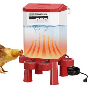 HIRALIY Heated Chicken Waterer 3 Gallon Red, Freeze Proof Heated Poultry Waterer with 4 Drinking Cups for Chicks, Chickens, Ducks, Geese