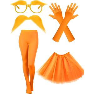 5 Pcs Orange Costume Accessories Yellow Eyebrows Glasses Fake Mustache Tulle Tutu Skirt Gloves Pantyhose Cosplay (Small)