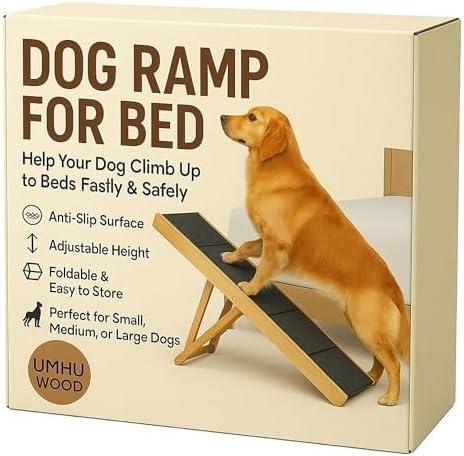 UMHUWOOD Dog Ramp for Couch, Bed, and Car  Adjustable, Portable, Foldable, Non-Slip Wooden Pet Ramp for Small, Medium, and Senior Dogs and Cats  Up to 19.5" High