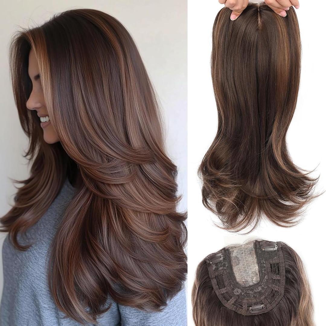 Lumhun 18Inch Hair Toppers for Women with Thinning Hair, Heat Resistant Fibre Synthetic 6.5" x 6.5" Base,Long Layered Topper for Women(Dark Brown with Brown Highlight,18Inch)
