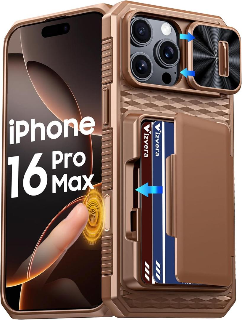 Vizvera for iPhone 16 Pro Max Case Wallet RFID [Cards Holder][Camera Control][Camera Cover] Full Body Rugged Shockproof Silicone Protective Phone Case for iPhone 16 Pro Max 6.9"(Desert Gold)